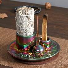 1 pieza Soporte de vela y quemador de incienso cerámico 4 en 1 - Multifuncional, decoración del hogar con soportes para Palo Santo y Salvia, incluye palitos aplicadores para aromaterapia y sahumerio