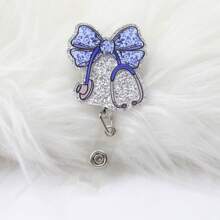 1pc Pink Glitter Floral Printed Bow Stethoscope Needle Tube Shaped Acrylic Retractable Badge Reel With Clip ID Badge Holder Badge Reel Gift For RN LPN CNA Nurse Doctor Assistant Medical Staff