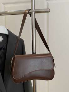 1pc Minimalist Solid Color Flap Shoulder Bag, Classic Textured Crossbody Bag, Women Handbag - Coffee - View 11