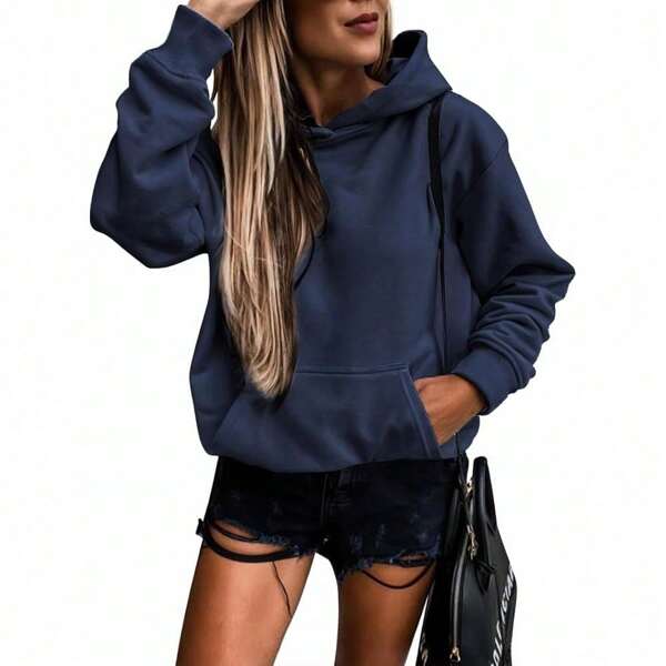 SHEWIN Women's Casual Hoodies Long Sleeve Solid Lightweight Pullover Tops Loose Sweatshirt With Pocket