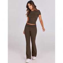 Lounge Sets For Women 2 Piece Foldover Yoga Flare Leggings Pants Crop Tops Casual Y2K Outfits Matching Tracksuit Set/Vacation Outfits Women - 深咖啡 - 查看 7