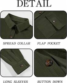 Mens Corduroy Button Down Jacket Casual Long Sleeve Shirts Ribbed Lightweight Shacket Jacket With Flap Pockethalloween - 軍綠色 - 查看 7