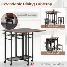 GOFLAME 3 PCS Foldable Dining Table And Chair Set, Rectangle Kitchen Table With Expandable Top, 6-Bottle Wine Rack, Shelves, Mobile Breakfast Table Set With Push Handle And Wheels, Rustic Brown - Brown - View 4