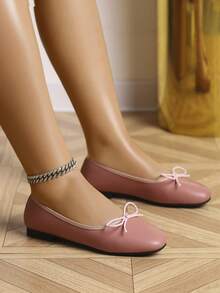 European & American Fashion Solid Color Ballet Bowknot Flat Shoes, Outdoor Spring/Autumn Ladies Slip-On Soft Leather Flat Shoes