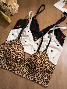 3pcs/Set Women Leopard, Heart, Cherry Print Comfortable Lingerie Set - Multicolor - View 4
