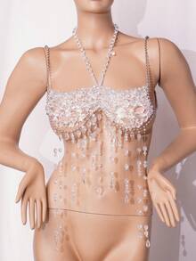 Glossmoon Women's Vest Fashion Multi-Beaded Bra Halter Top Gemstone Tassel Chest Chain Hot Girl Tank Top - Transparent Color - 查看 2