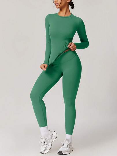 NcmRyu 1 Set Women's Solid Color Casual Minimalist Round Neck Shaping Sexy Long Sleeve Top And Pants