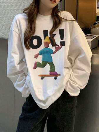 女士宽松卡通印花长袖棉质T恤，百搭春秋装