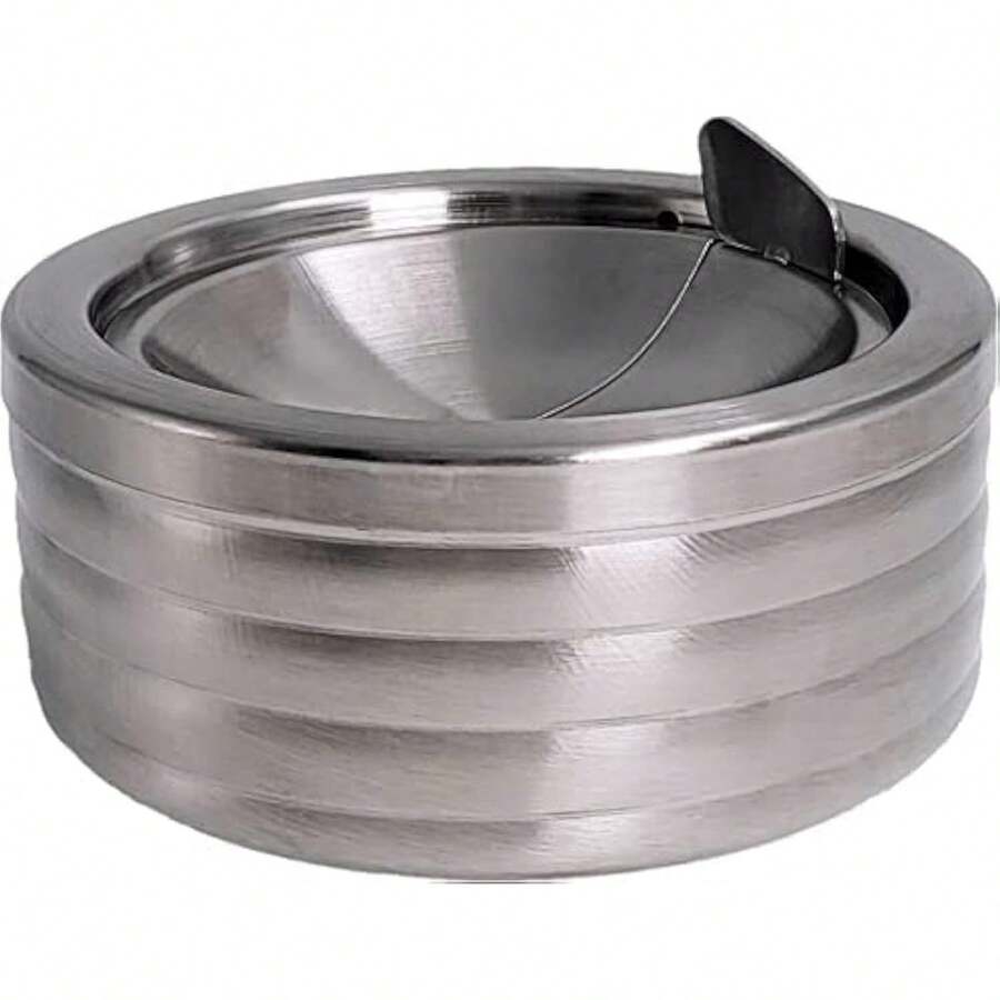 Cenicero clásico de metal plateado ranurado con tapa para cigarrillos, ceniceros a prueba de viento para exteriores, puede patio, exterior, decorativo, para interiores y exteriores - Plata acanalada - Ver 1