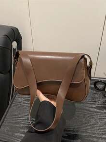 1pc Minimalist Solid Color Flap Shoulder Bag, Classic Textured Crossbody Bag, Women Handbag - Coffee - View 6