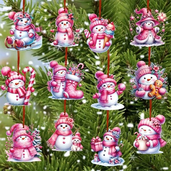 12/24 PIEZAS Decoraciones navideñas de muñeco de nieve rosa - Etiquetas decorativas para árbol de Navidad de papel, regalos para fiestas navideñas, con cintas, sin electricidad y sin plumas
