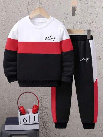 青少年男孩字母印花拼色圆领运动衫和运动裤套装，秋季