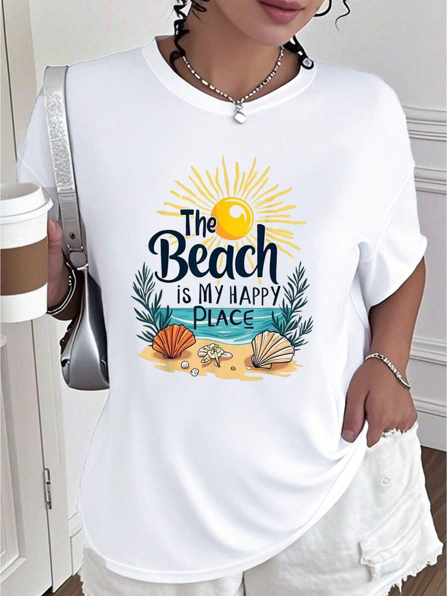 Beach Shirt Women Beach Is My Happy Place Casual Summer-Shirt         Art Graphic Tees  Crop Tops Summer Outfits Women's-Shirt Summer Tops -Shirt - White - View 1