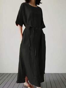 女士优雅长款连衣裙，圆领短袖，配腰带，纯色休闲宽松飘逸长款连衣裙，带口袋 - 黑色 - 查看 2