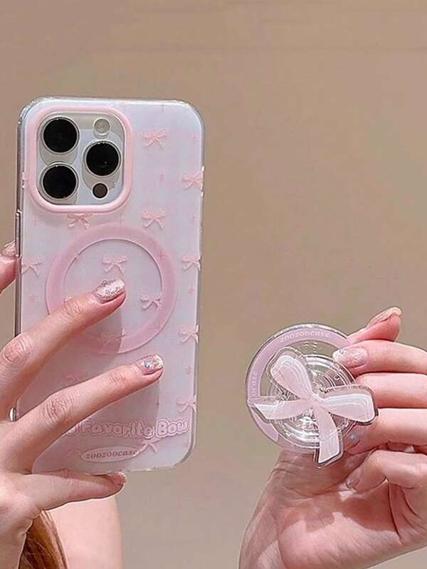 1pc Cute Bowknot Magnetic Adsorption Phone Holder, Strong Magnetic Desktop Stand, Gift For Girls, Girlfriend Compatible With IPhone, Android Phone, Gift For Birthday, Family, Friends Push-Pull Phone Grip Phone Accessories