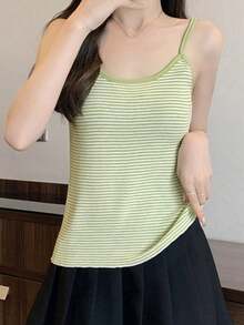 女式撞色条纹无袖休闲针织背心，春夏季 - 綠色 - 查看 7