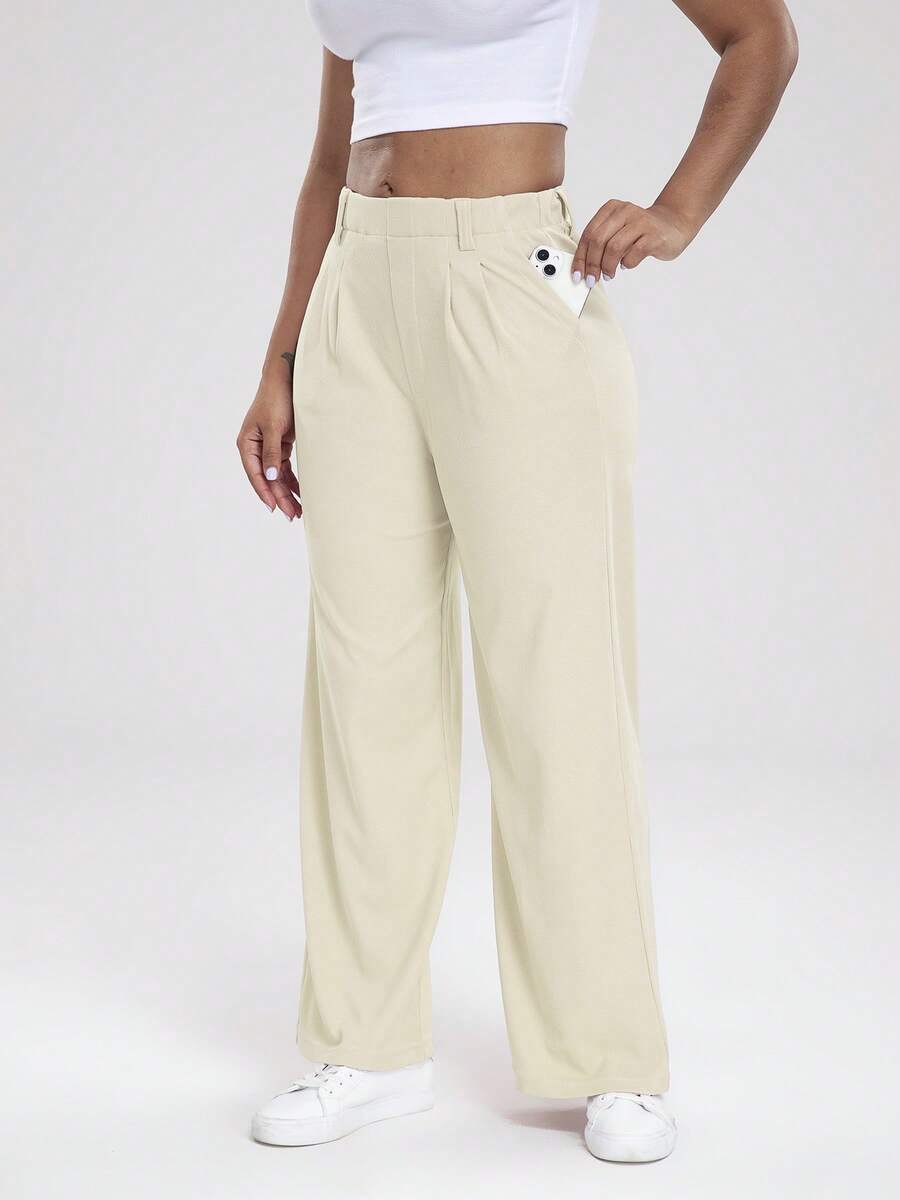 Women's High-Waisted Wide Leg Pants - Stretchy Non-Transparent Office & Casual Trousers With Elastic Waist, All-Season Business Slacks For Women Elegant Pants For Work, Gym, Casual Attire, High Waisted Pants, Gym Attire, Waffle Texture, Breathable Material, Stylish Bottoms - 米色 - 查看 1