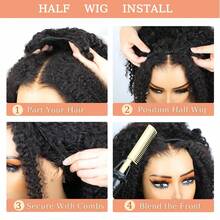 26Inch Short Afro Kinky Curly 3 In 1 Half Wig With Elastic Band Seamless Kinky Curly Flip Over Beginner Friendly Glueless Wear & Go Drawstring Band Clip In Wig Human Hair Black Color - Natural Black - 查看 3