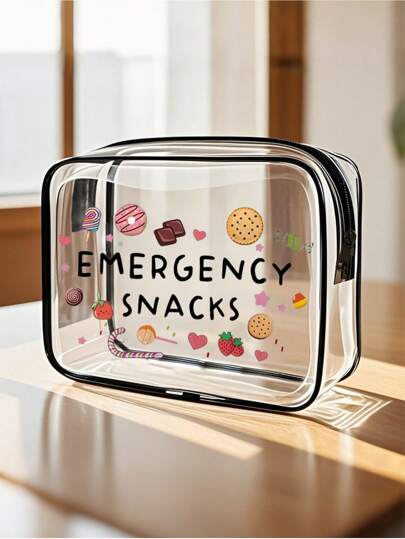 Emergency Snack Letter Print PVC Toiletry Bag, PVC Travel Organizer Bag, Zipper Closure - Lightweight Fade-Resistant Cosmetic Makeup Bag, Suitable For Women And Girls, TSA-Approved Portable Makeup Case, Easy To Wipe Clean, Can Be A Makeup Bag Gift For Mother, Teacher, Friend, Nurse, Also Suitable As A Travel Essential Bag, Back To School Supplies, Waterproof Toiletry Bag, Large Capacity Cosmetic Bag