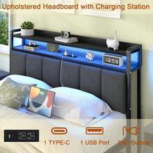 LED Bed Frame With Storage Headboard, Upholstered Bed Frame With Charging Station, Metal Platform Bed Frame With Heavy Duty Metal Slats, No Box Spring Needed, Easy Assembly, Black/ White/ Beige - 黑色 - 查看 3