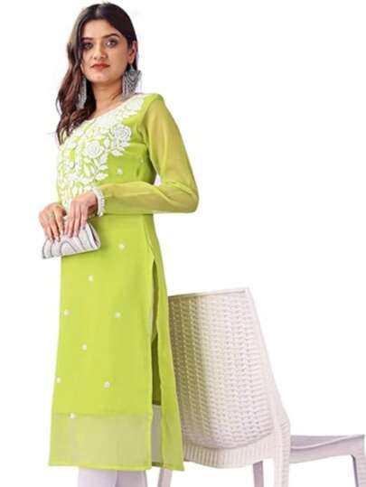 Estationeryhouse Women's Georgette Lucknowi Chikankari Kurti, Rose Design With Heavy Embroidery, Without Bottom(Green)