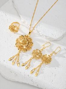 时尚甜美女士首饰套装，项链吊坠耳环戒指，24K 铜镀金，适合婚礼首饰、母亲礼物首饰 - 金黃色 - 查看 7