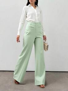 LIU ME Women's Tailored Trousers With Fake Pocket – High Waist And Wide Leg - Mint Green - View 4