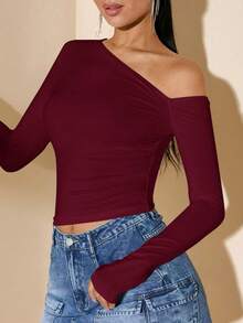 Women's Minimalist Asymmetric Shoulder Long Sleeve Fitted T-Shirt Top, Everyday Wear, Fall/Winter - 酒紅色 - 查看 4