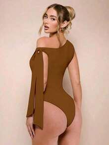 Women's Bodysuit With Tie Bow And Asymmetrical Neckline, Sleeveless, Ideal For Romantic Dates, Casual, Vacation And Summer - 鏽棕色 - 查看 2