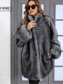 Ladies' Loose Coat, Fox Fur Imitation, Winter Jacket, Women's Plus-Size Clothing, Rolled-Up Sleeve Coat,Mantel