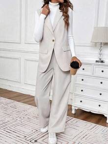 Fashionable Commuter Versatile Solid Color Sleeveless Blazer + Pants Suit, Solid Color Office Wear Summer - Apricot - View 4