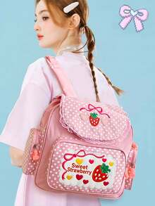Mochila bordada con diseño de fresa, mochila rosa dulce con bordado de fresa, mochila escolar bordada con frutas y encaje para niña - Rosa - Ver 3