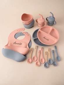 8PCS Personalized Customization Name Baby Silicone Custom Tableware Set Sucker Bowl Dishes Plate Bib Soft Spoon Fork Portable Baby Cup,Customized Kids Tableware,Easy Comfort,Kids,Gala Night,Modern,Colorful,Cute - Multicolor - View 4