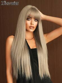 7JHH WIGS 28 Inch Extra Long Gray Wigs For Women - Elegant Fluffy Synthetic Straight Wig With Bangs, Premium Synthetic Heat Resistant Fiber Grey Hair Wig For Daily Wear, Cosplay & Party Use, Graduation Gift & Mother's Gift Wig Accessories - 灰色 - 查看 2