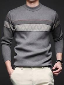 Men's Thick V-Neck Jacquard Sweater, Casual Business Commute Long Sleeve Pullover, Suitable For Layering Or Outerwear, Autumn/Winter - Light Grey - View 3