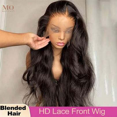 34 Inch 13x4 Body Wave Wig 200% Density Human Blended Hair Body Wave Lace Front Wig - Pre-Plucked, Gel-Free, Natural Black For Women, Long Wavy Style, Transparent Lace Front Design, Natural Hairstyle Long Wavy Wig Shiny Black Wig