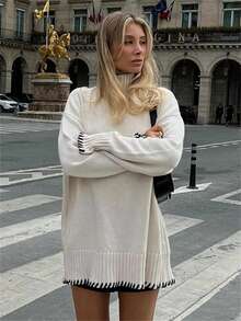 Jersey de manga larga de punto acanalado de longitud regular para mujer, jersey de cuello redondo con ribete de contraste, tela ligeramente elástica - Blanco - Ver 2