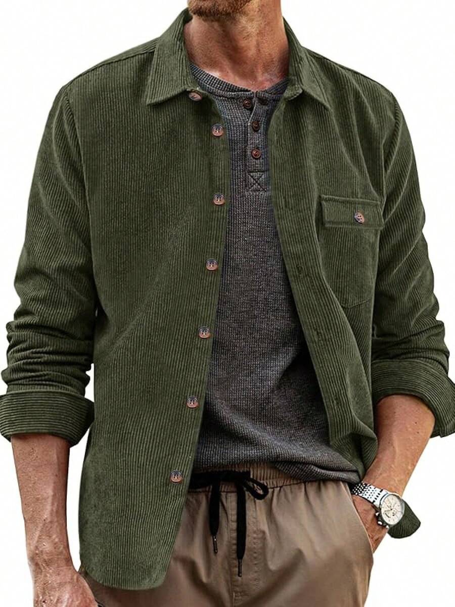 Mens Corduroy Button Down Jacket Casual Long Sleeve Shirts Ribbed Lightweight Shacket Jacket With Flap Pockethalloween - 軍綠色 - 查看 1