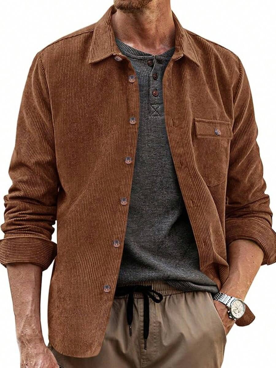 Mens Corduroy Button Down Jacket Casual Long Sleeve Shirts Ribbed Lightweight Shacket Jacket With Flap Pockethalloween - 棕色 - 查看 1