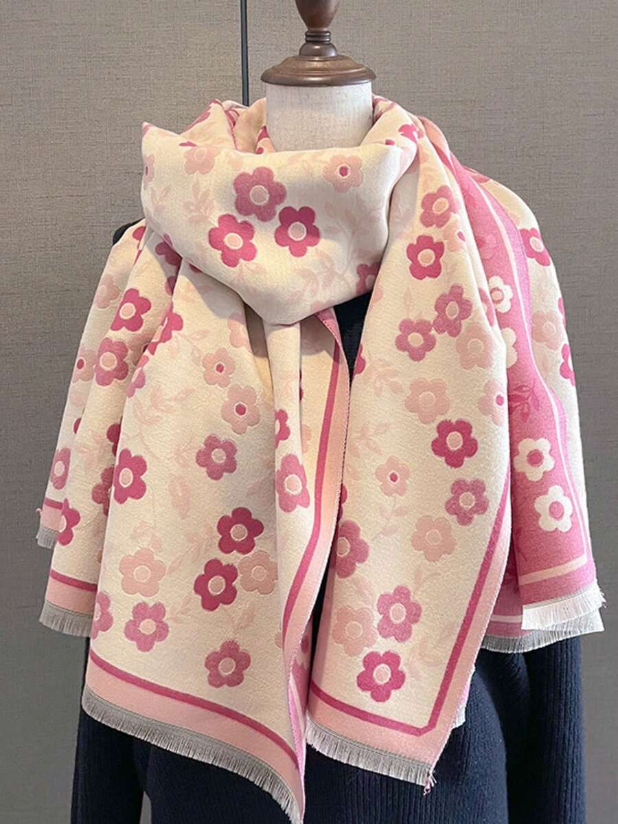 1pc Vintage Printed Scarf, Warm & Windproof Shawl Wrap For Women, Autumn/Winter For Dress - Pink - View 1