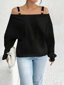 Fashionable Minimalist Solid Color Off Shoulder Long Sleeve Sweatshirt, Spring/Autumn - Black - View 4