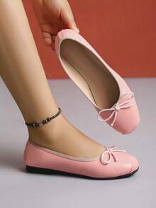 European & American Fashion Solid Color Ballet Bowknot Flat Shoes, Outdoor Spring/Autumn Ladies Flat Slip-On Soft Leather Shoes