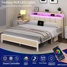LED Bed Frame With Storage Headboard, Upholstered Bed Frame With Charging Station, Metal Platform Bed Frame With Heavy Duty Metal Slats, No Box Spring Needed, Easy Assembly, Black/ White/ Beige - Xem 2