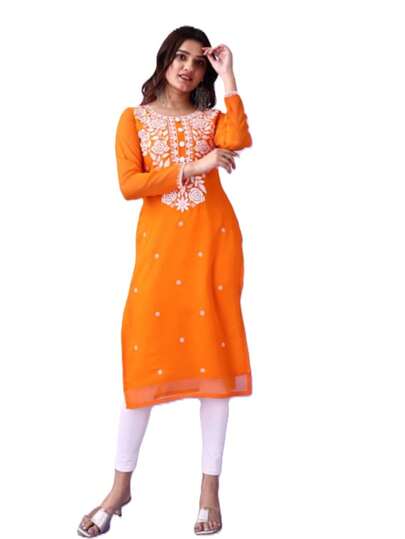 Estationeryhouse Women's Georgette Lucknowi Chikankari Kurti, Rose Design With Heavy Embroidery, Without Bottom(Orange)