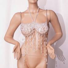 Glossmoon Women's Vest Fashion Multi-Beaded Bra Halter Top Gemstone Tassel Chest Chain Hot Girl Tank Top - Transparent Color - 查看 6