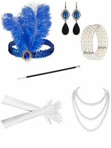 6-Piece Set Of 1920s Women's Headwear, Elegant And Sexy Clothing Accessories, High-End Retro Accessories, Bachelor Party Makeup Ball, Single Feather Hair Strap, Bracelet Gloves, Lace Hand Fan, Hand Decoration 6-Piece Set Halloween - Multicolor - View 5