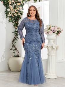 大码美人鱼刺绣花卉亮片礼服，优雅长袖正式晚宴婚礼宾客礼服，适合毕业典礼、晚宴、派对等各种场合，四季皆宜。 - 霧霾藍 - 查看 6