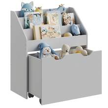 SONGMICS Kids Bookshelf And Toy Organiser, Toy Storage Chest And Bookcase With 3 Shelves, Storage Box With Wheels, Multipurpose, For Children's Room And Playroom, Grey
