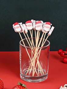 A Pack Of 100 (13cm/5.12 Inches) Showcasing Charming And Quirky Santa Claus Disposable Fruit Stick Decorations, Perfect For Use In Restaurants, Bars, Parties, Desserts, Cakes, Cocktails, And Fruit Displays. - Multicolor - View 3