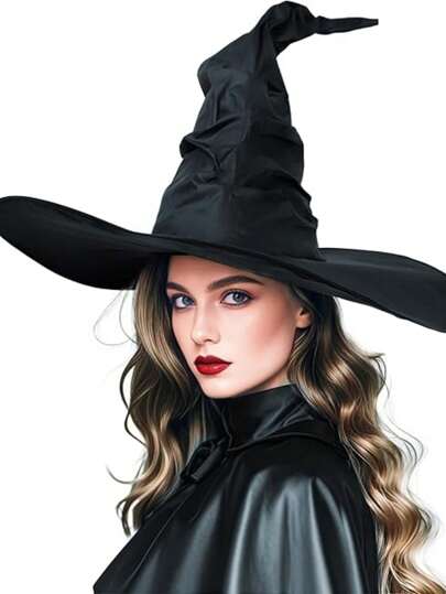 1 件万圣节女巫帽，大号褶边圆锥形黑色女巫帽，可爱的宽边尖顶帽，非常适合新奇角色扮演派对、化妆舞会狂欢节魔术师帽、成人派对配饰和万圣节装饰品。